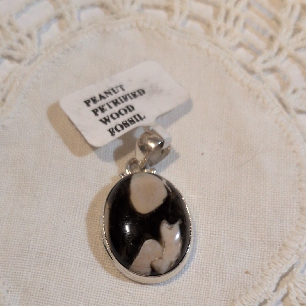 Peanut Petrified Wood Fossil Oval Pendant  - Stamped 925 Sterling Silver